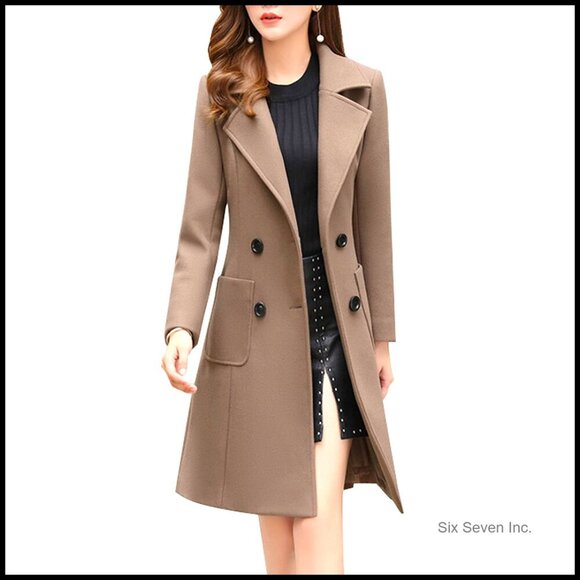 Jackets & Blazers - Wool Blend Double Breasted Overcoat with Notched Collar and Belted Back